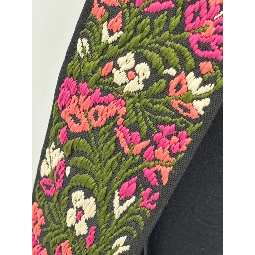 ANTIK KRAFT Black Vegan Leather Crossbody Sling Bag Floral Strap Embroidered